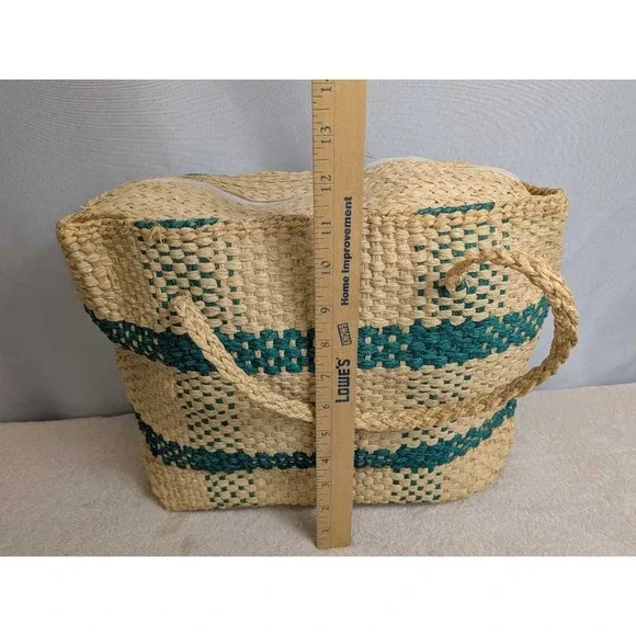 Woven Straw Tote Bag Teal Stripes Zipper Top Bohemian Beach Vacation Carryall - Picture 5 of 8